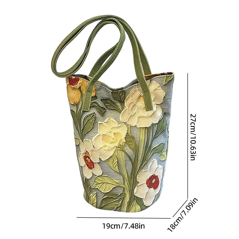 Nová velkokapacitní taška Bucket Bag, módní crossbody taška, ležérní, všestranná úložná taška přes rameno, akvarelový květinový vzor, ​​denní dojíždění, plátěná taška