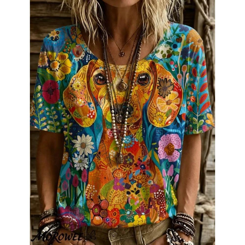 Fashion Women Retro Creative Pet Pattern Print T Shirt Funny Casual O-neck Short Sleeves T-shirt Summer Female Tee Shirt