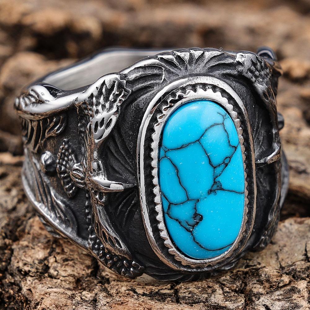 Türkisfarbener Adlerring für Herren Handgefertigt Geschnitztes Design Blauer Stein Herren Modeschmuck