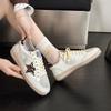 Women's Retro Patchwork Distressed Star Sneakers - Spring 2025, Casual Lace-Up Flat White Shoes