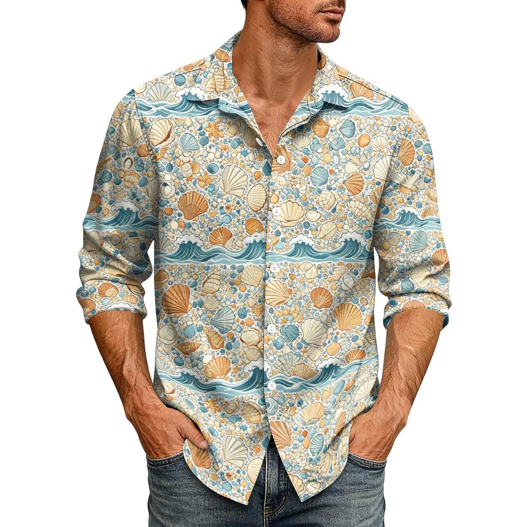 Men's Loose Fit Long Sleeve Button Down Shirt Hawaiian Style Retro Casual Beachwear Shirt with Spread Collar Suitable for Spring and Autumn