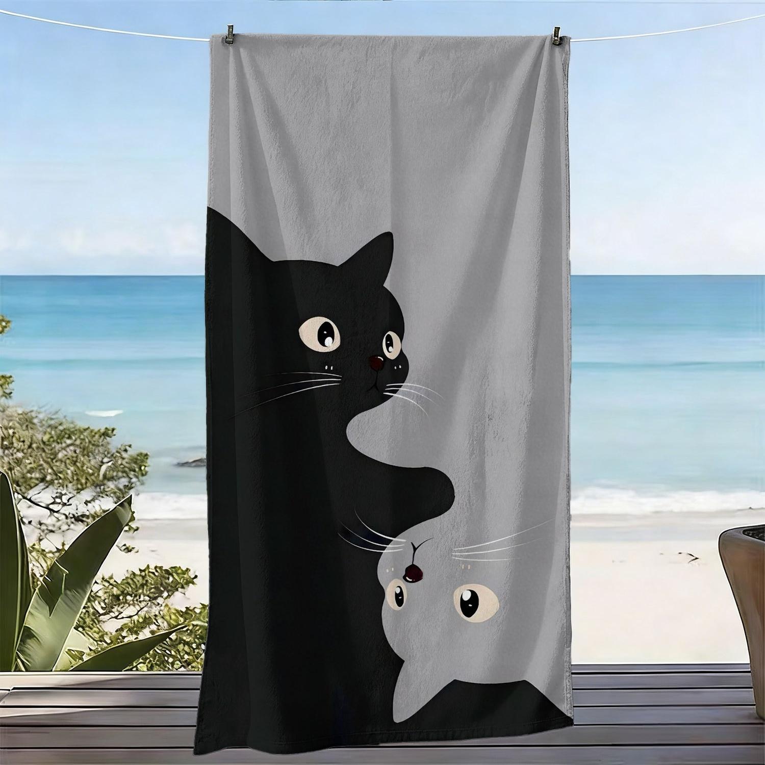 Minimalist Cat Beach Towel, Black White Cat Silhouette Print Oversized Bath Towel, Soft Quick Dry Cat Lover Summer Beach Blanket W40*H60(CM)