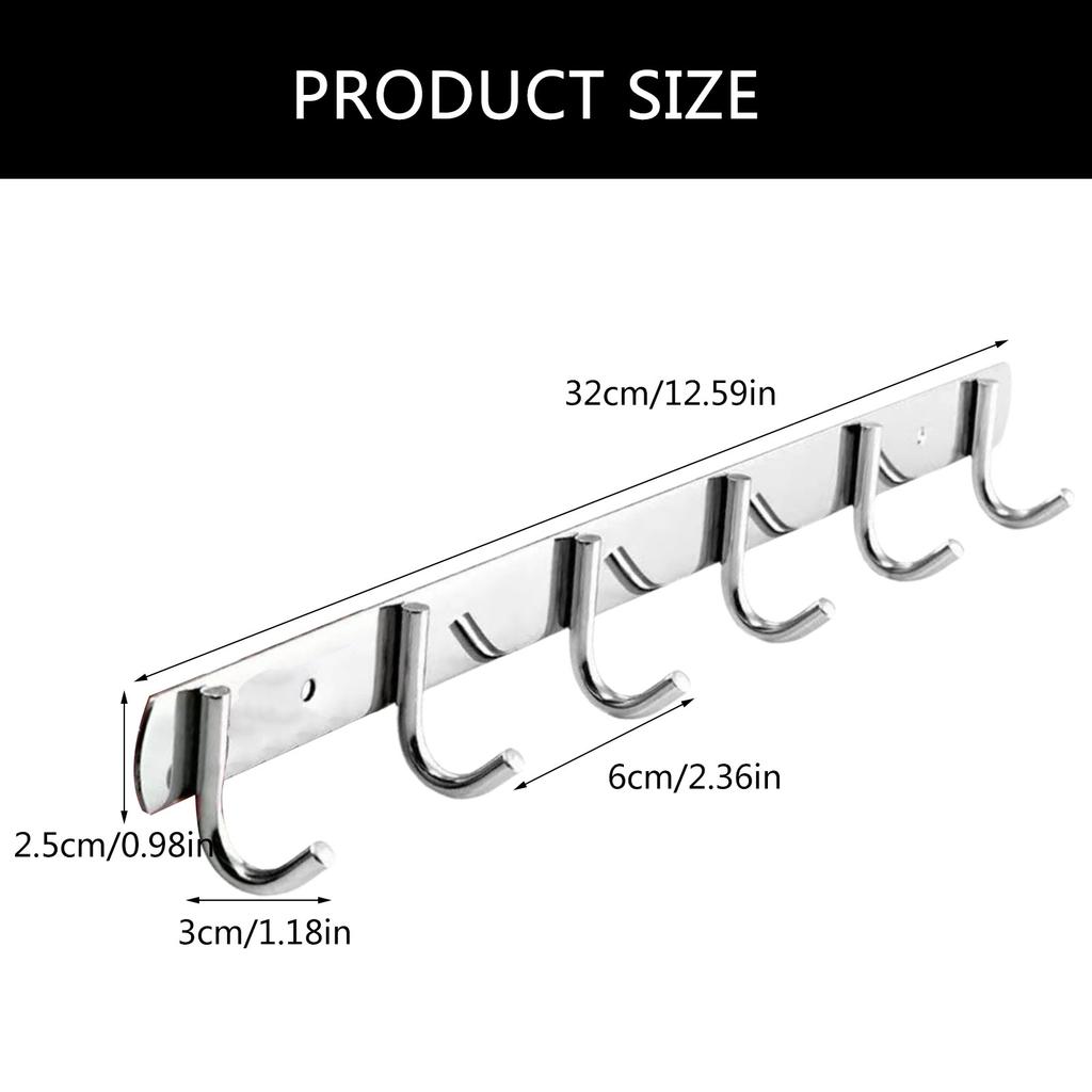 Set of 2 Multipurpose Stainless Steel Wall Hooks 6 Hook Rack for Coat and Towels Practical Bathroom Clothes Hanger