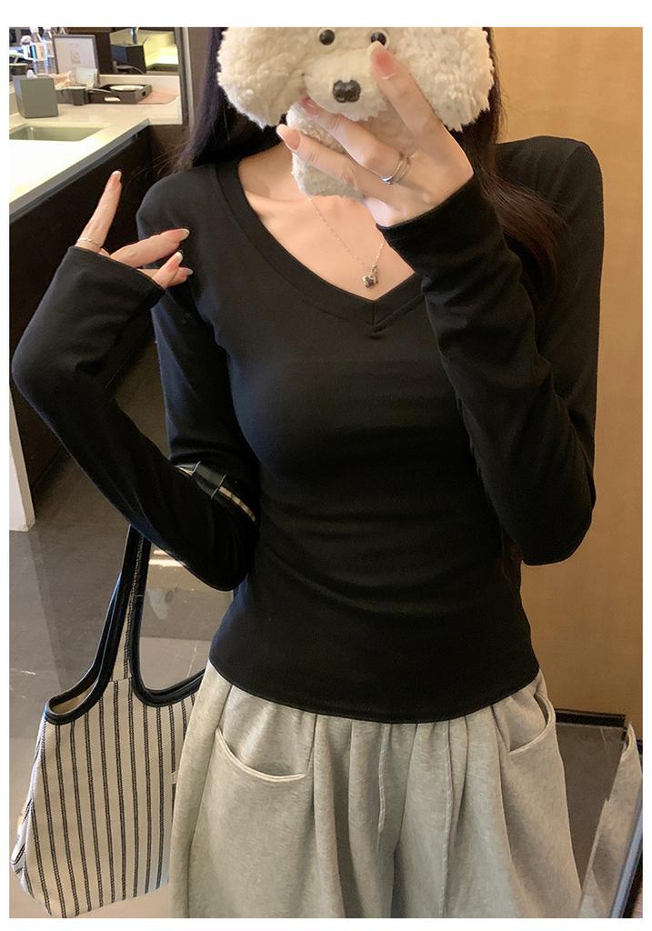 V Neck Long Sleeve Slim Fit Cotton T Shirt Basic Inner Top