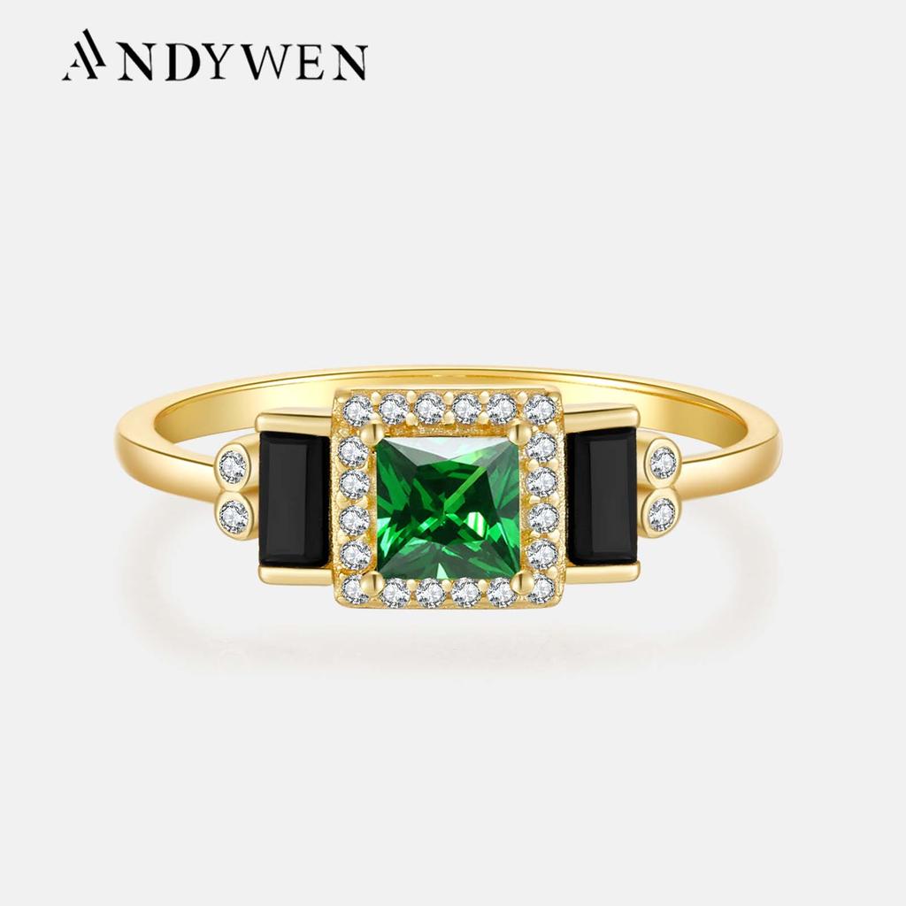 ANDYWEN Pierścionki ze srebra próby 925, złota, zielonego i czarnego cyrkonu, damska moda, delikatna luksusowa biżuteria