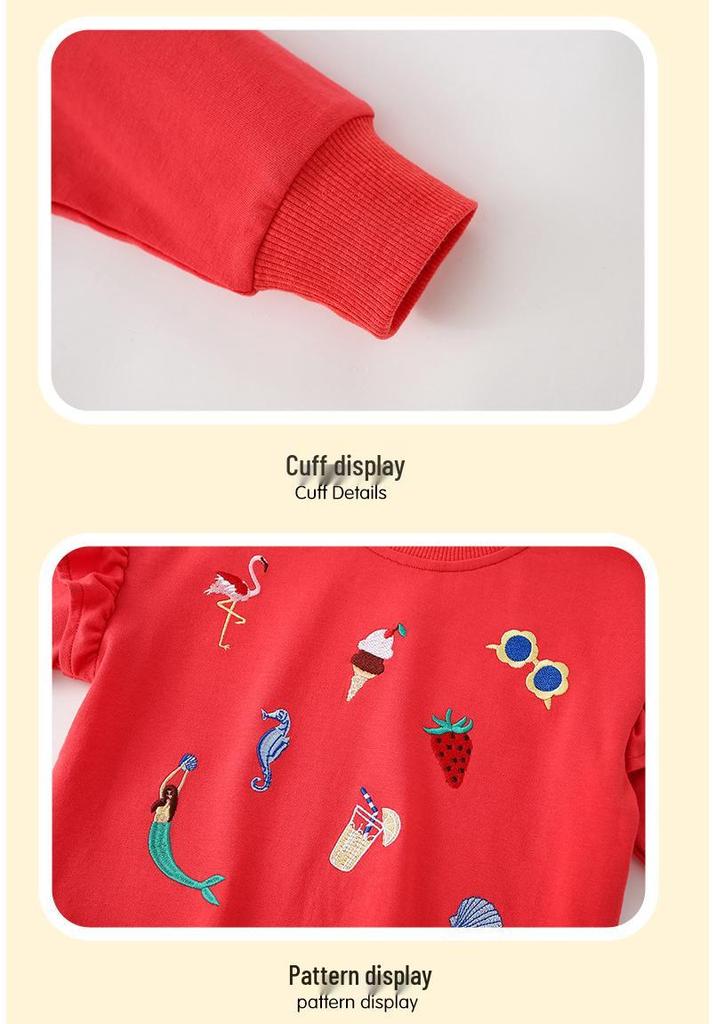 Girls' Red Round Neck Cartoon Mermaid Sweatshirt - Autumn/Winter 2026 Collection, Long Sleeve.