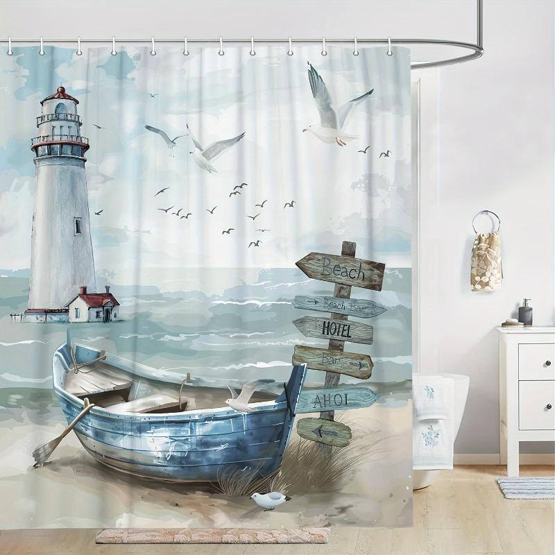 1pc Nautical Coastal Shower Curtain Ocean Beach Lighthouse - With Hooks Waterproof Mildew Proof Easy Install Washable