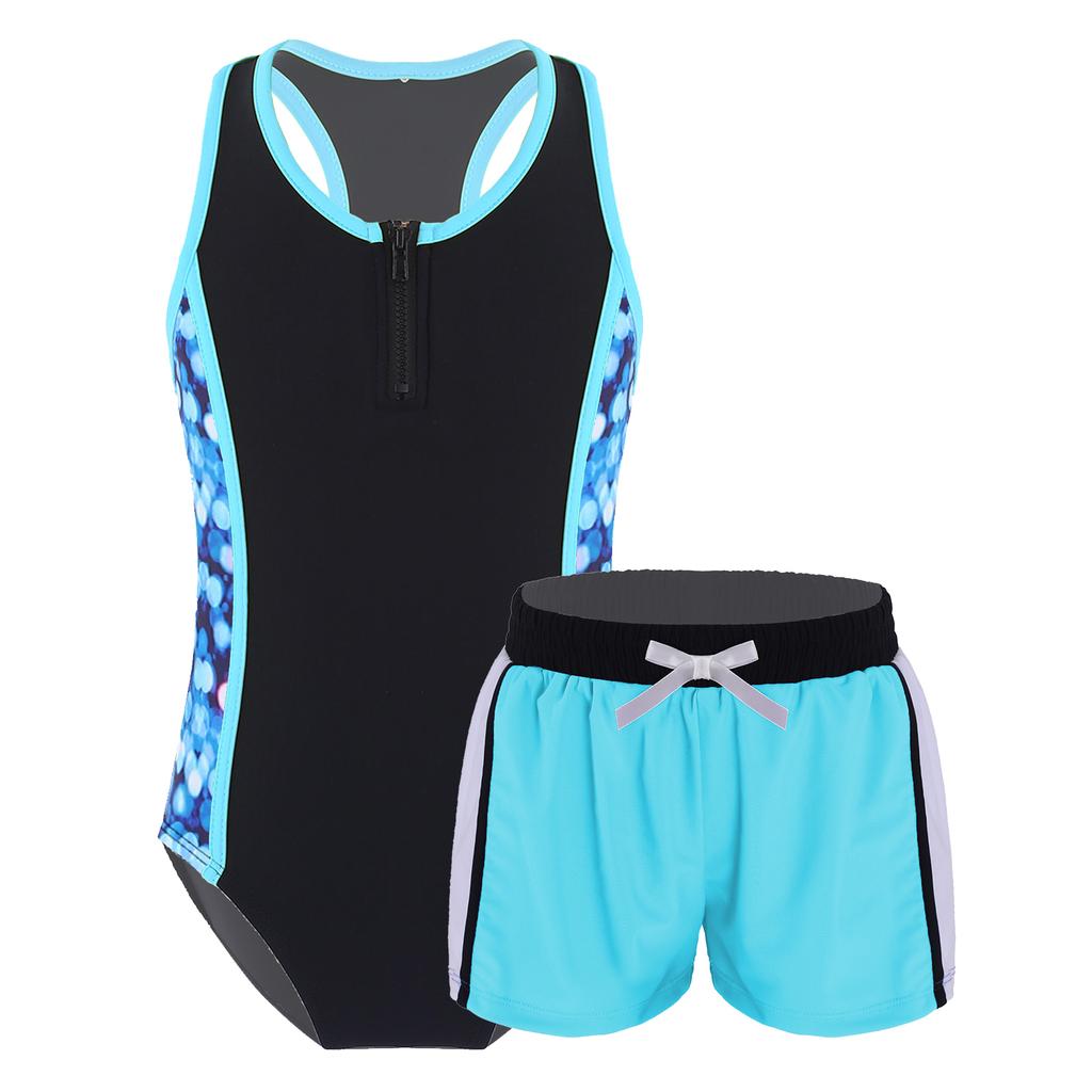 Girls One Piece Swimsuit Set Sleeveless Racer Back Design Matching Boyshorts Beach Swimwear Outfit