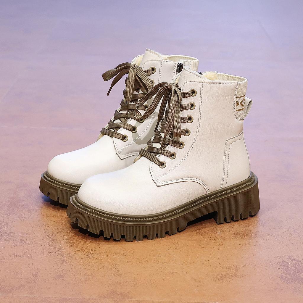 Mode 2025 Neue Mode Dicke Sohle Damenstiefel Große Größe Damenschuhe Schwarz Warm halten Fleece Plateau Schnür-Stiefeletten 4875