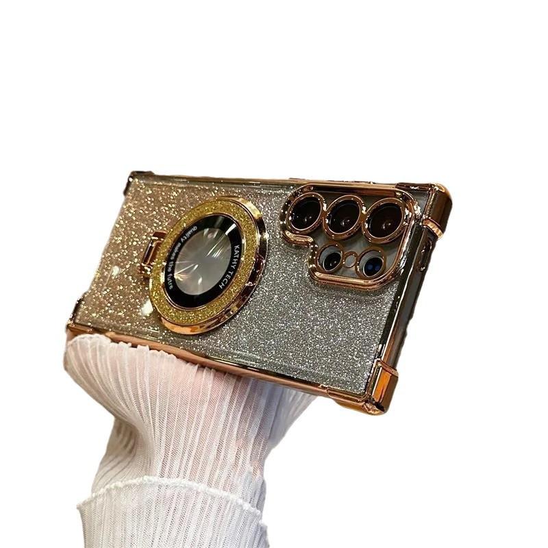 Suitable for Samsung S25 Ultra Flash Powder Magnetic Suction Bracket Mobile Phone Case A56 Electroplated Four Corner Anti Fall NOTE20 Case A36