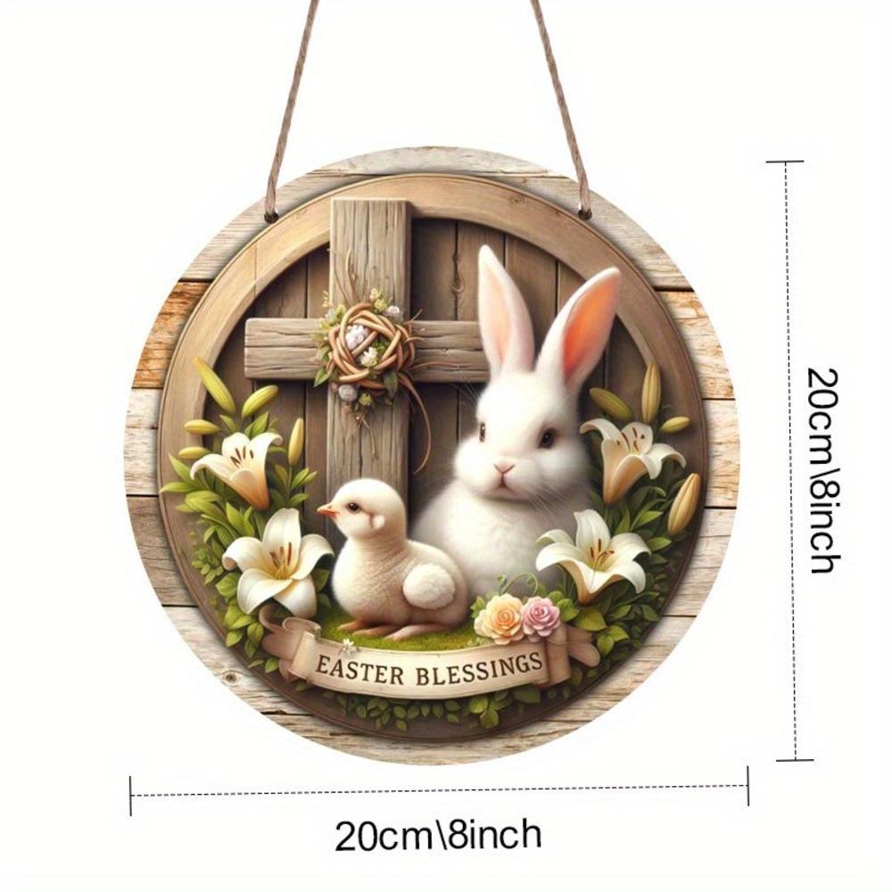 1 Piece of Farmhouse Wooden Easter Logo, 7.87 Inches X 7.87 Inches Round Sign, with Rabbits and Chickens, Festive Wall and Door