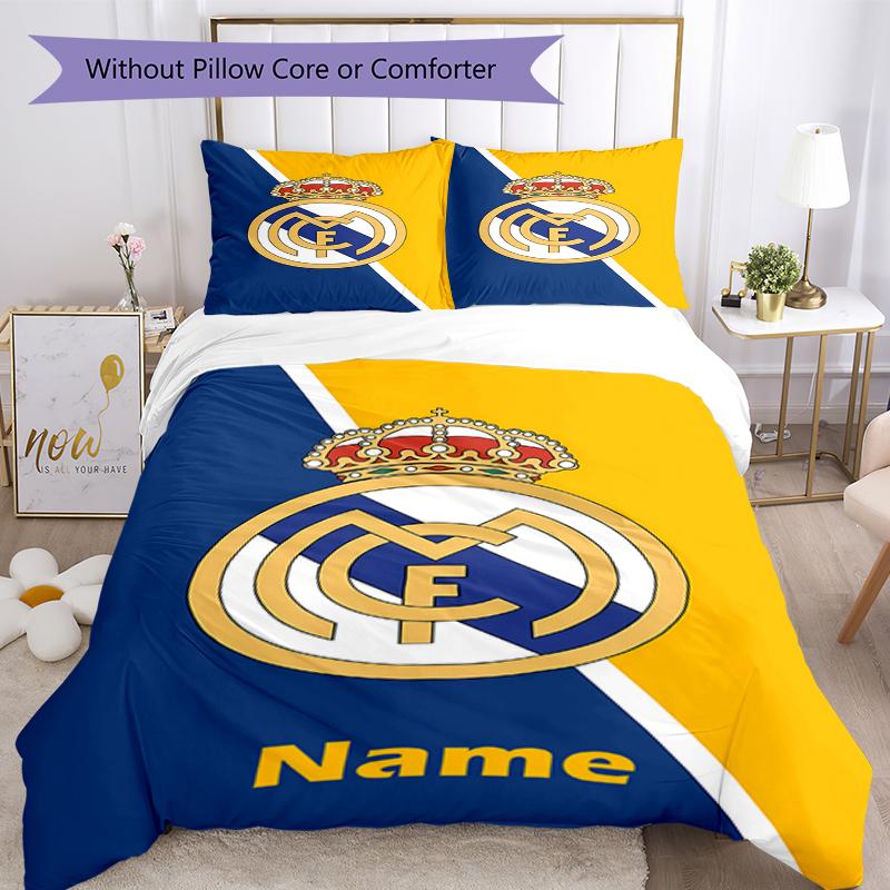 3pcs Custom Name Real Madrid Bedding Set Duvet Cover Closure Includes 1 Duvet Cover & 2 Pillowcases, Soft and Comfortable for All Seasons.