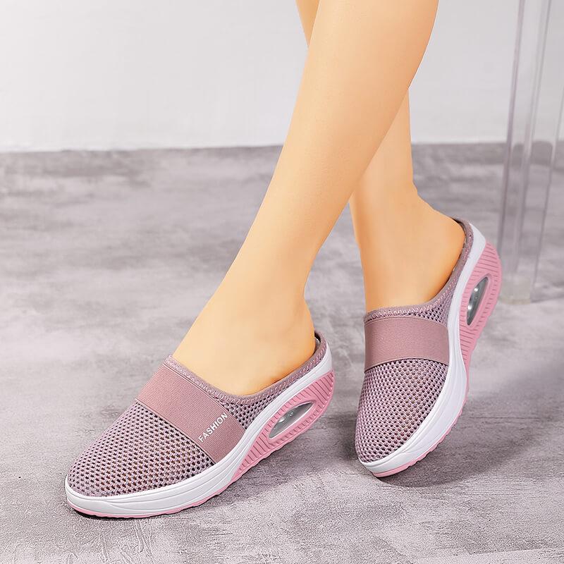 Large Size Without Heel and One Pedal, Women's Lazy Thick-soled Air Cushion Hollow Mesh Breathable Bag Head Half Drag Women's Shoes
