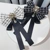 Elegant Rhinestones Plaids Ribbon Bowtie with Pin Pre Tied Adjustable Preppy Bowknot Necktie for Fashionable Women Ties