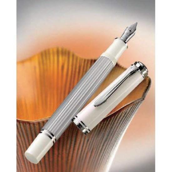 Pelikan M405 Fountain Silver 14K Fine Nib Souverän Pen, White, Gold,