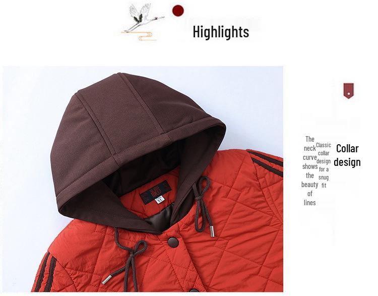 Elegant Hooded Cotton Jacket for Moms - Thick, Fashionable Fall & Winter Outerwear for Middle-Aged and Elderly