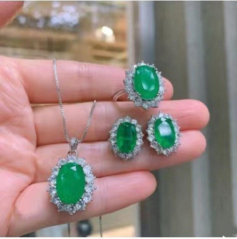 

Изысканное овальное кольцо с изумрудом и драгоценным камнем, серьги и ожерелье, комплект свадебных женских украшений, тренд 2021, модный свадебный подарок 45cm серебряный