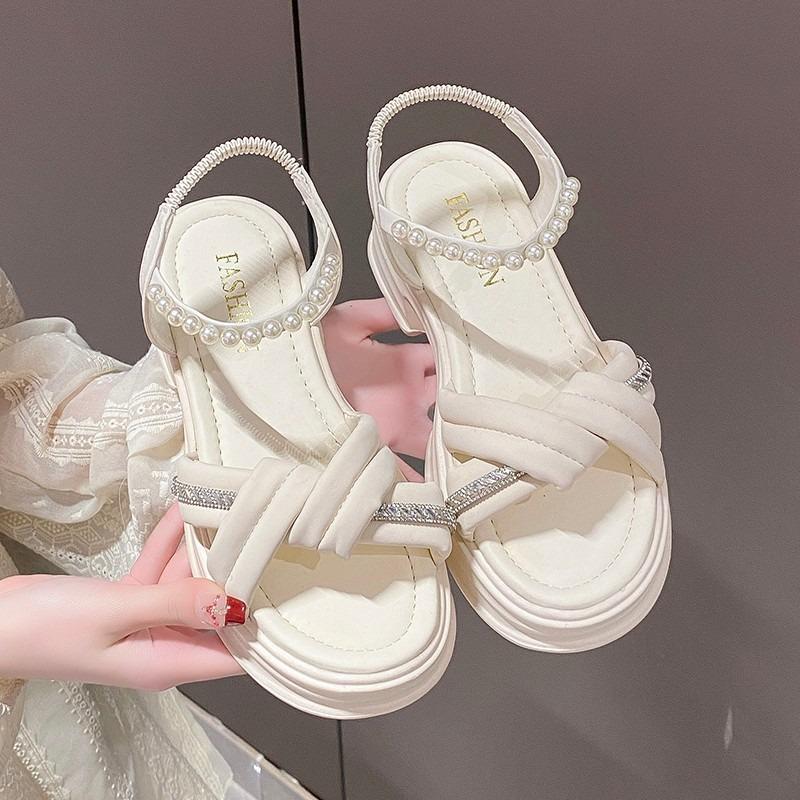 Platform Sports Sandals Women's New Summer Rhinestone One-word Buckle with Muffin Beach Sandals Women's Skirt