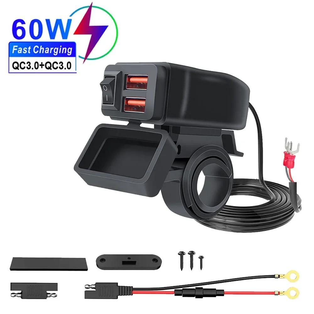 

PD QC3.0 Motorcycle USB Fast Charger 60W Handlebar Dual USB Socket with Switch Voltmeter Waterproof 12V Power Supply Adapter QC3.0 No Voltmeter