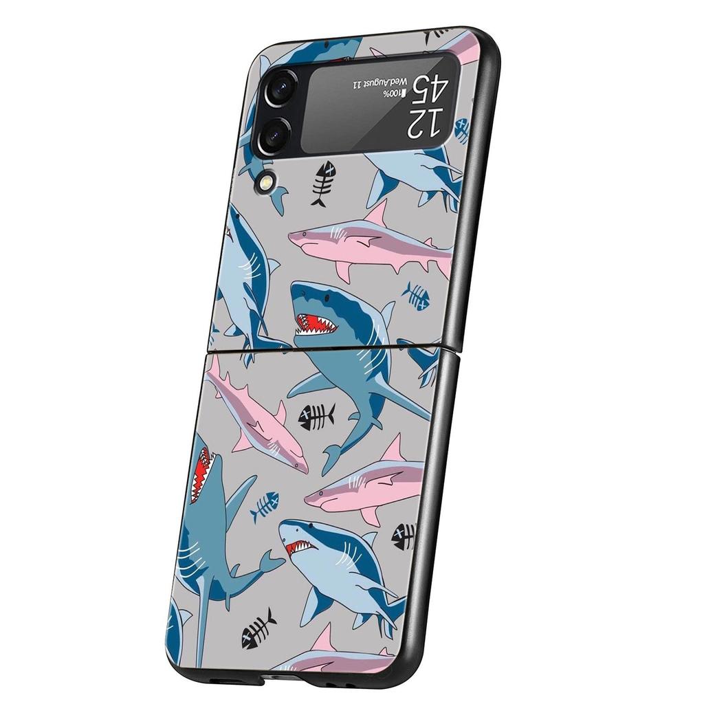 Seaside Sharks Pattern Hard PC Phone Case For Samsung Galaxy Z Flip 7 6 5 4 Black Cover For Galaxy Z Flip 3 Foldable Shell Capas