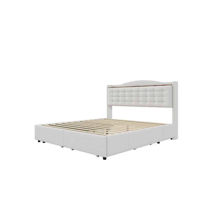 Lit double rembourré - MUVOE - 160x200 cm - Tiroirs de rangement - Prise USB intégrée - Tissu lin Beige