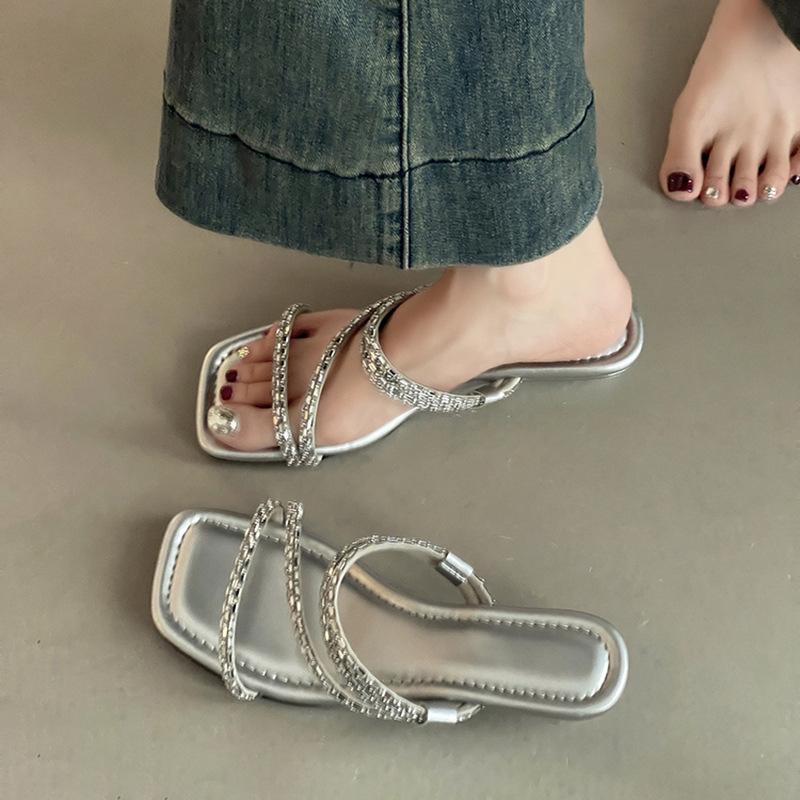 French low-heeled temperament cool slippers fairy shoes summer wear strap slippers combination rhinestone wedge sandals woman