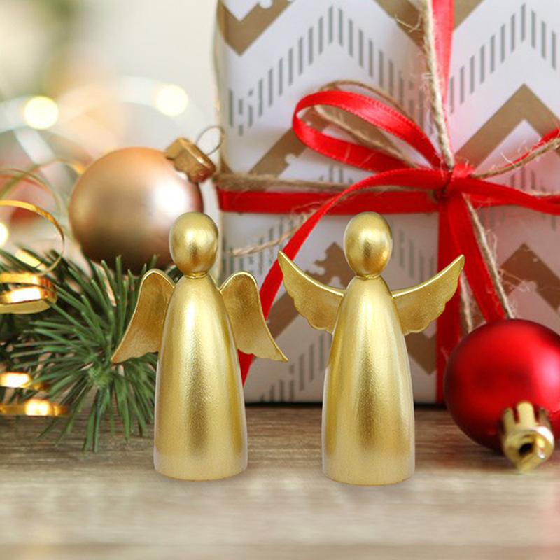 Christmas Angels Figurine Set Of 2, Gold Xmas Angels Decor, Christmas Decorations Small Angel Statues, Healing Angel Gifts