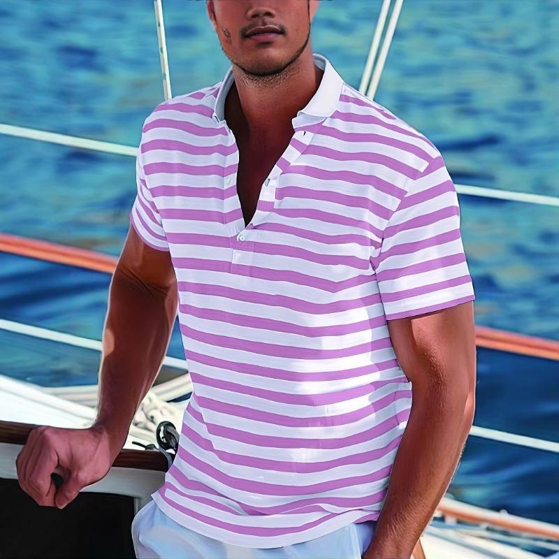 Summer Men's Blue White Striped Polo Shirt Nautical Short Sleeve Top
