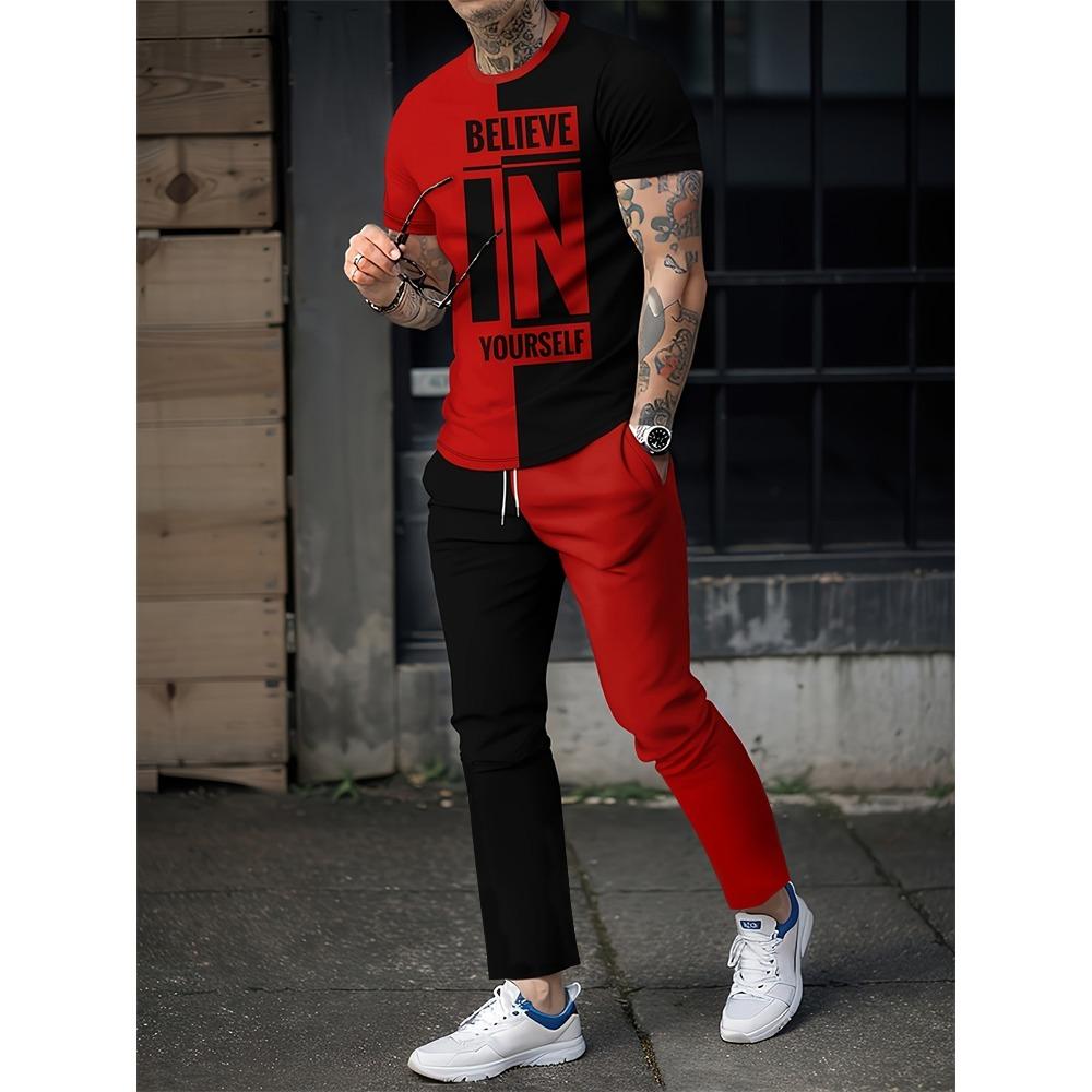New Summer Men's Sports Suit Men's Round Neck Splicing Printed Short-sleeved T-shirt Loose Pants Two-piece Set Streetwear