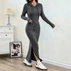 2026 Fashion Hooded Sweatshirt Dress with High Waist Slit Casual Hoodie Long Dresses Solid New Spring Autumn Slim Wrapped Party Dress