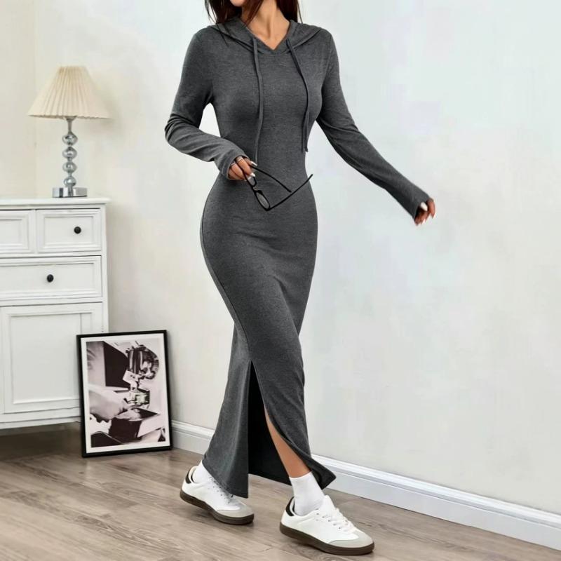 2026 Fashion Hooded Sweatshirt Dress with High Waist Slit Casual Hoodie Long Dresses Solid New Spring Autumn Slim Wrapped Party Dress