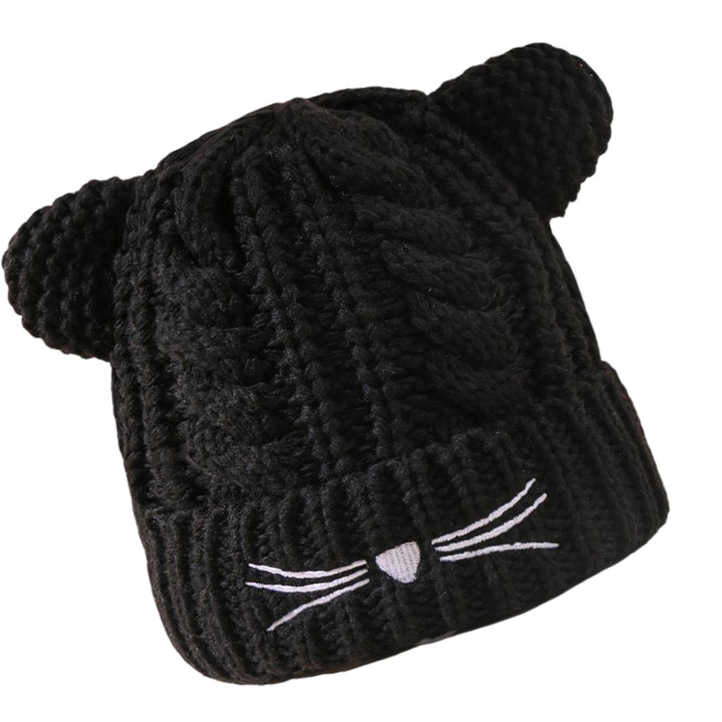 Winter Cartoon Kitten Knitted Hat Kitten Ear Beanies Headwear Hat for Kids Headwear with Embroidered Whisker