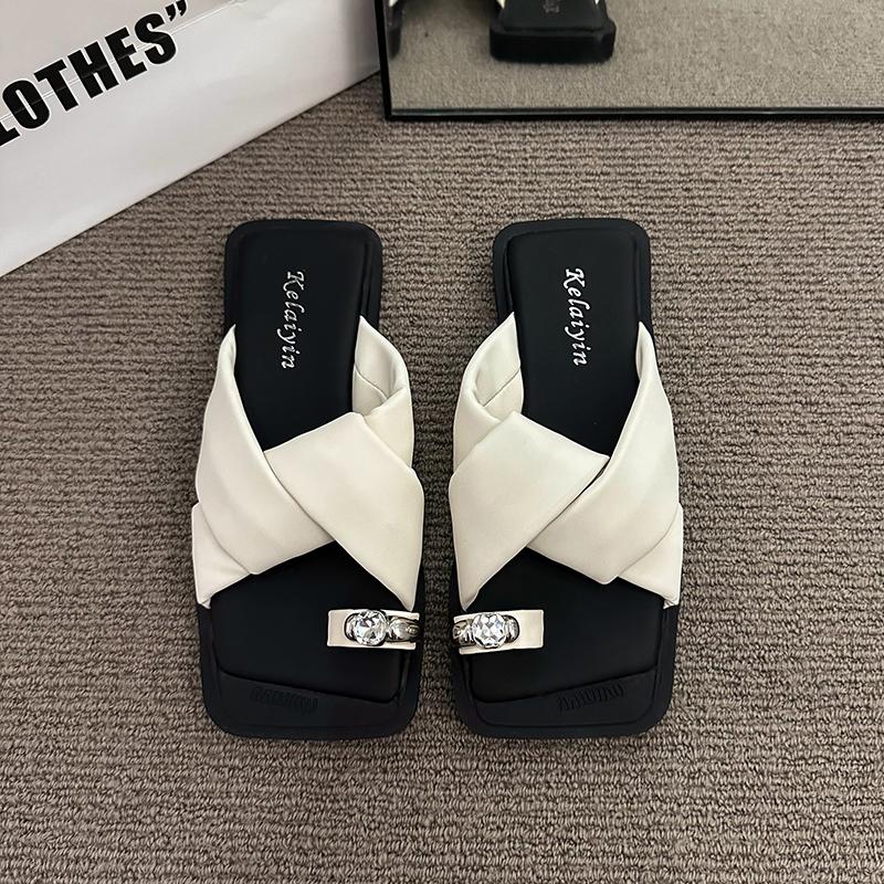 Aphixta Crystal Flip Flop Square Toe Summer Shoes Flat With Heel Slipper Women Casual Slides Outside Sandals Cross Strap Slipper