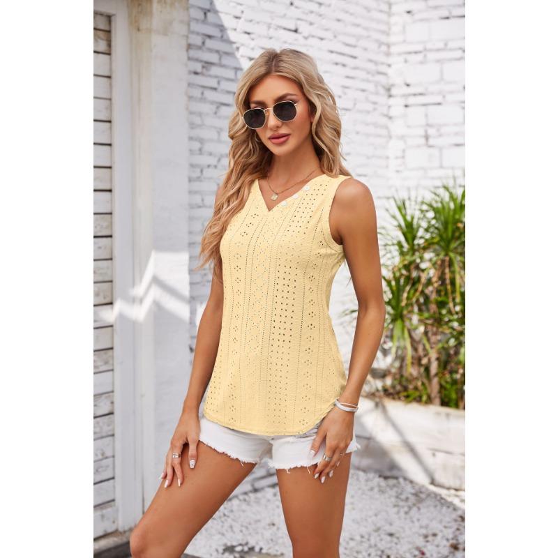 Women's Spring and Summer New Products, Button V-neck, Solid Color Casual, Eyelet Undershirt