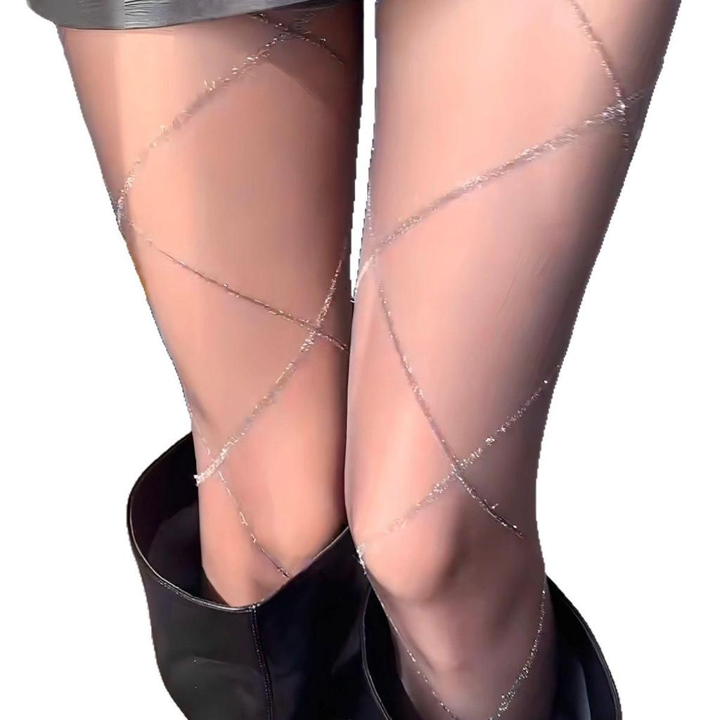 Luxury Silver Gray Silk Stockings: Shimmering Diamond Lattice Cross Stripes with Sheer Black Pantyhose