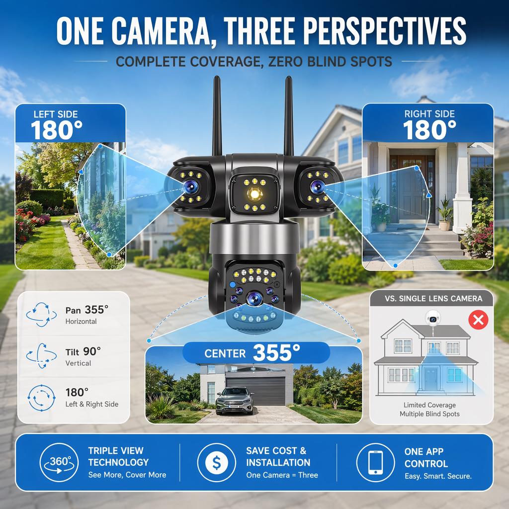 AIOOK 3-Objektiv HD 15MP Außen-WLAN-Sicherheitskamera IP66 Wasserdicht CCTV Mobile Tracking Zwei-Wege-Sprechanlage Nachtsicht Drahtlose IP-Kamera V380 PRO APP