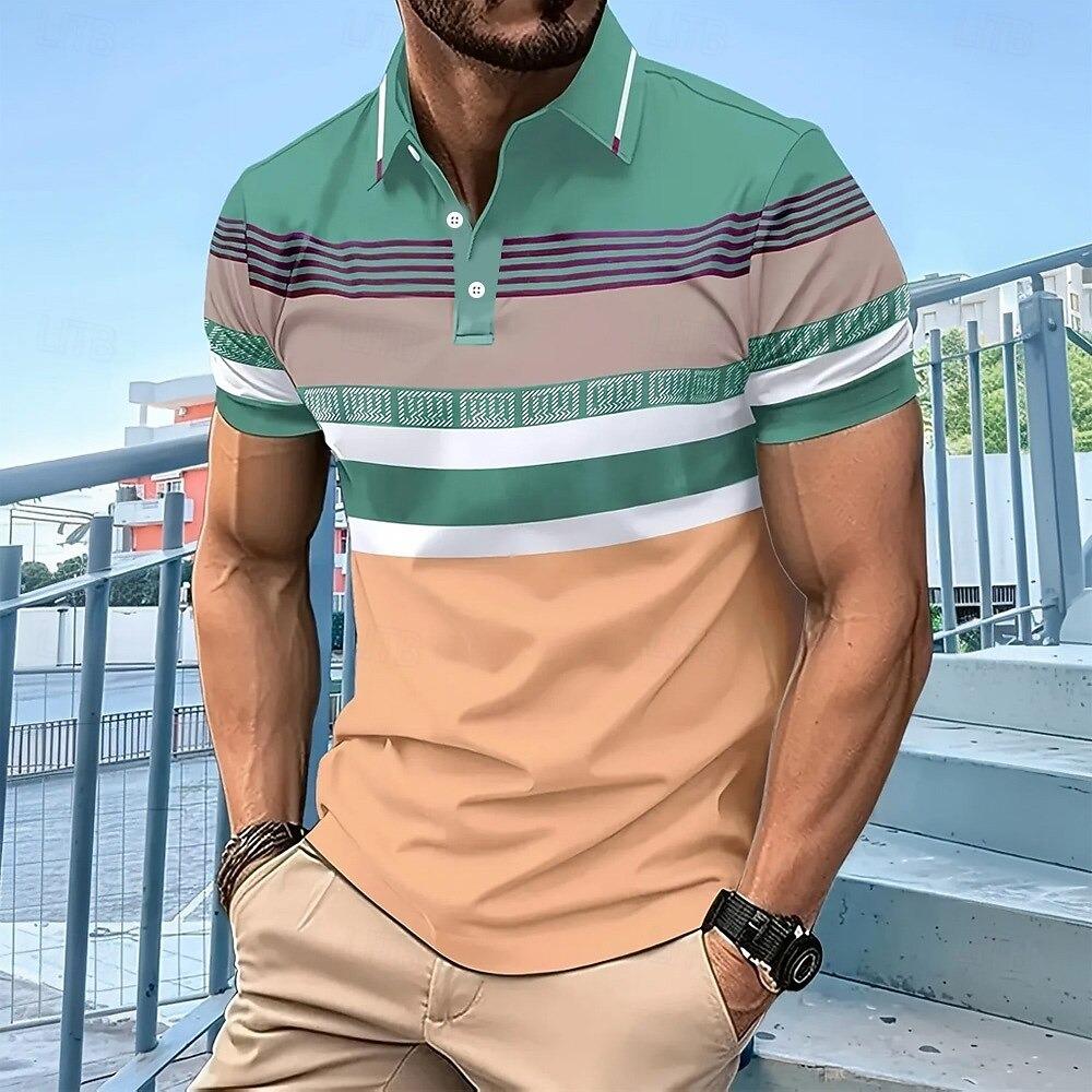 New Men's Polo Shirt Striped Pattern Short Sleeved Top with 3D Color Block Printing Casual Golf Harajuku Polo Shirt
