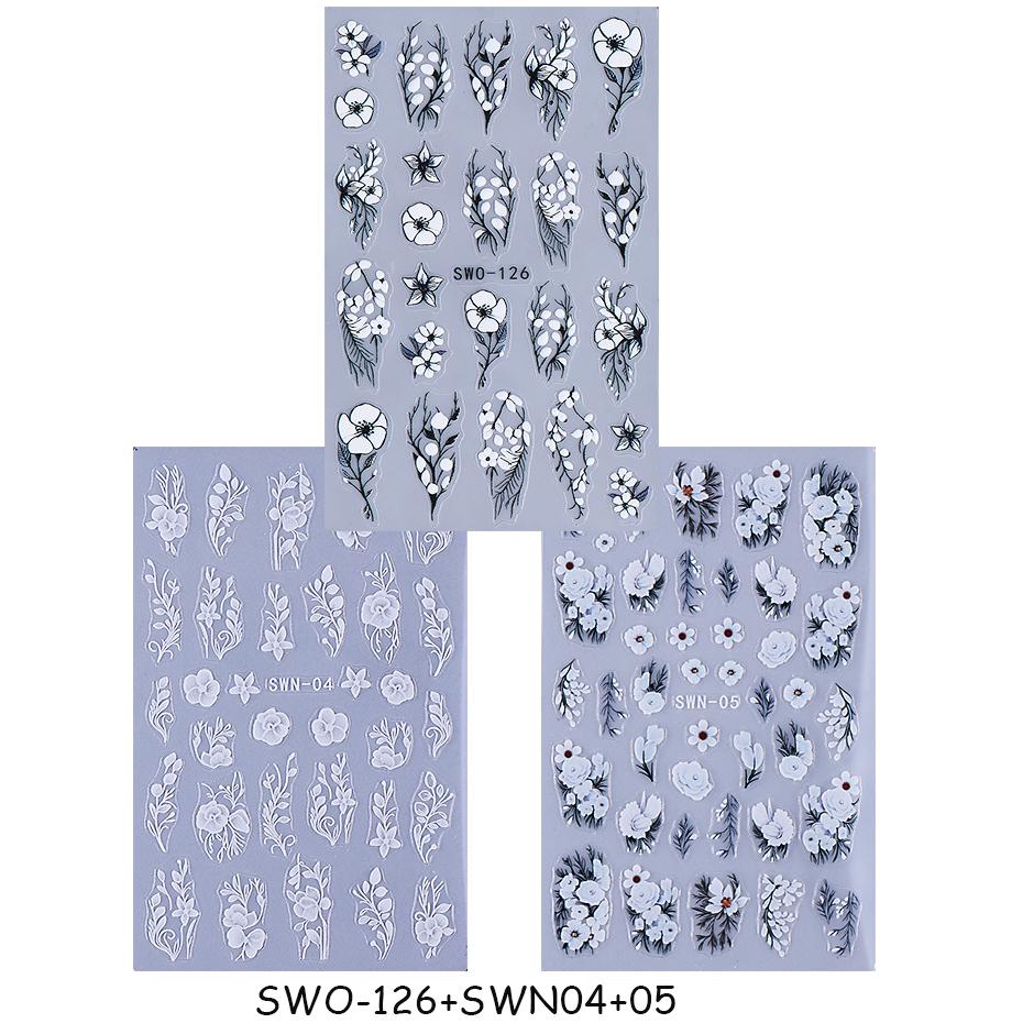 3pcs White Flower Nail Stickers Elegant Lace Rose Floral Petals Leaves Nail Decals DIY Self-Adhesive Slider Manicure Decoration