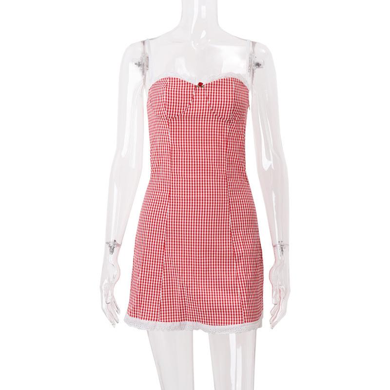 ins European and American style summer new sweet and spicy plaid miniskirt slim sexy slim suspender dress women S красный