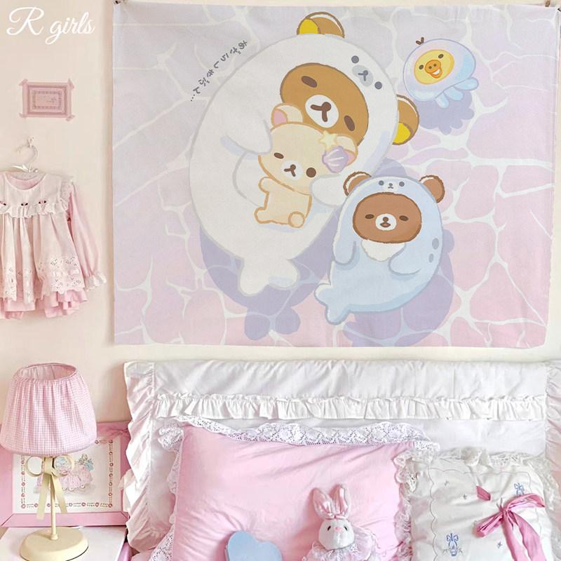Cute Cartoon Bear Tapestry Pink Striped Wall Hanging for Kawaii Bedroom Decor Background Cloth