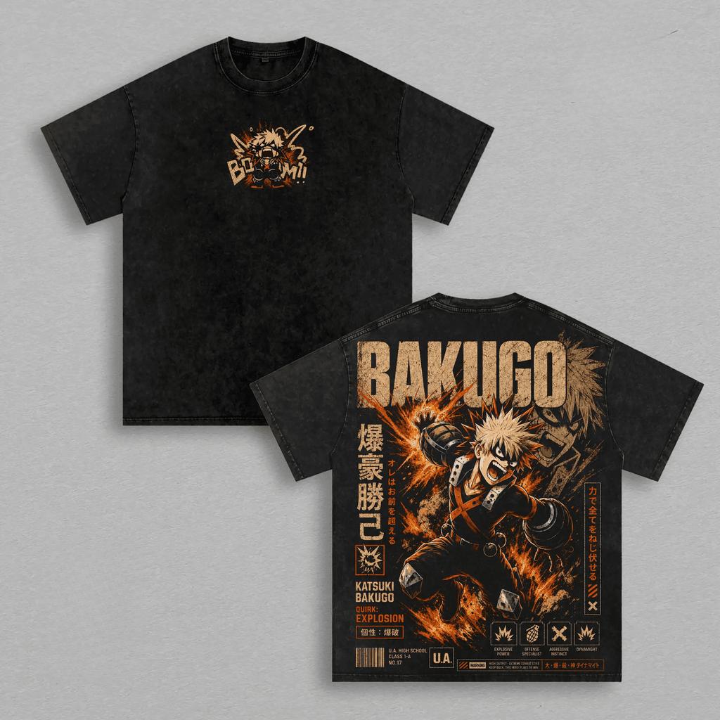 My Hero Academia Katsuki Bakugo T-shirt Harajuku Vintage Washed T Shirt Oversized Casual 100% Cotton Tees Tops Men Clothing