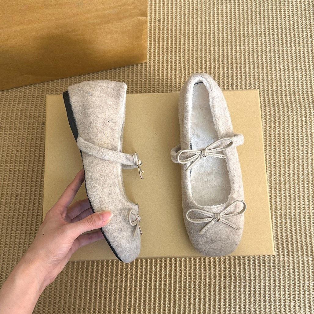 inner height-increasing bow fleece warm gray Mary Jane cotton shoes outer thick-soled fluffy shoes 35