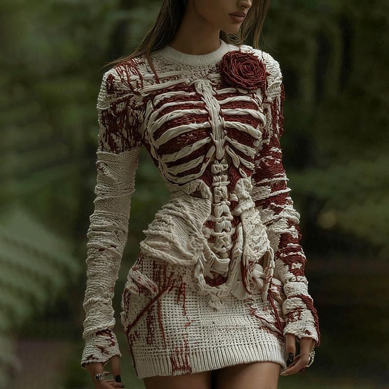 2025 Halloween European & American Street Style 3D Skull Print Short Sleeve Sweater