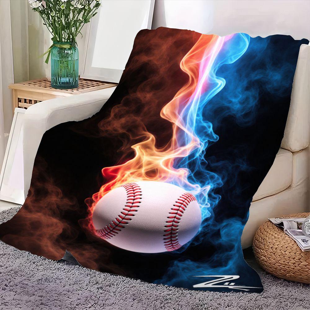 Dynamic Baseball Design Blanket with Vibrant Flames and Smoky Background - Unique Soft Fleece Throw for Sports Lovers, Perfect f