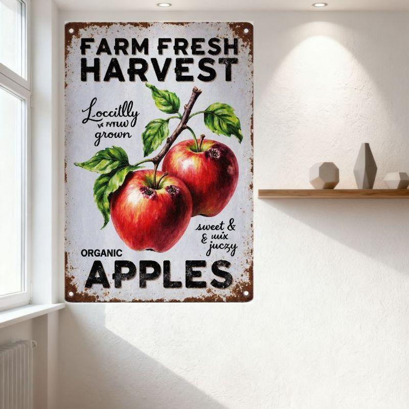 Vintage Farm Fresh Harvest Metal Tin Sign Rustic Locally Grown Sweet & Juicy Organic Apples Wall Decor for Home Bar Cafe Restaur