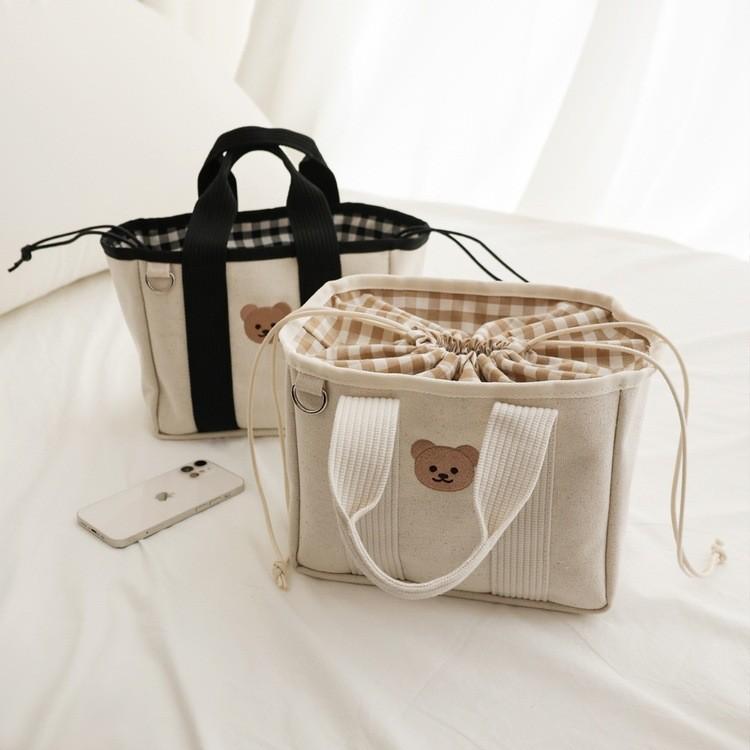 Baby Diaper Bag With Embroidered Bear Canvas For Mom And Baby Outings