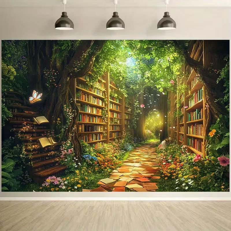 2D Enchanted Forest Library Backdrop Banner, Magical Book Path Photography Background 47.2x31.5inch/120*80cm