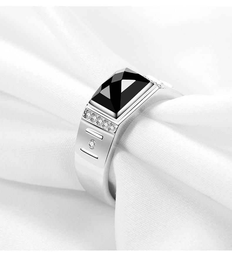 Men's Sterling Silver 925 Black Agate White Gold Plated Open Ring