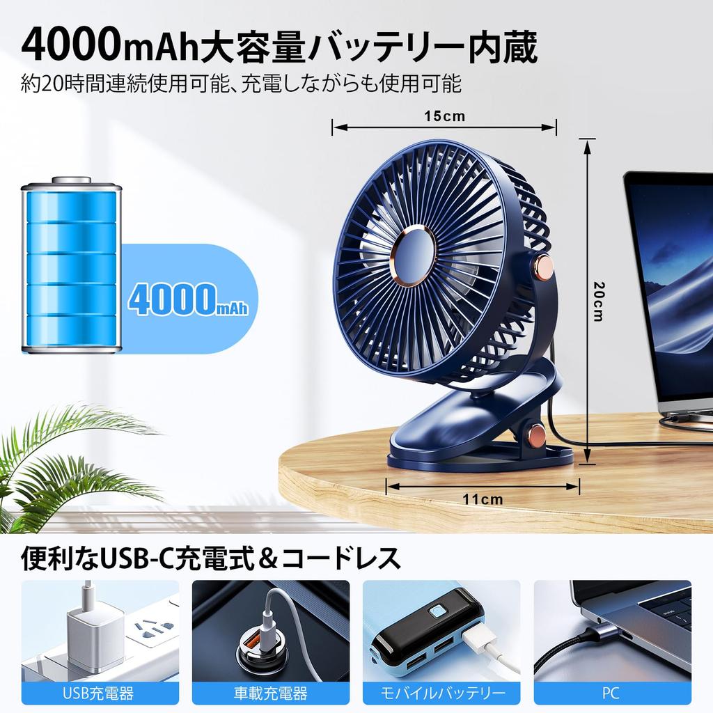 iNeibo Desktop Small USB 4000mAh High 20dB Super Strong 20 Hours of Continuous 4 Airflow Rhythmic LED Desk Clip Mini for Living Heatstroke Prevention