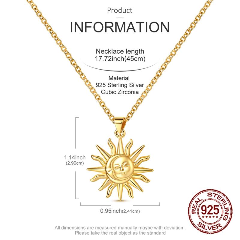 925 Silver Gold Plated Sun Moon Pendant Necklace for Women Fashion Jewelry Gift Anniversary Birthday Present